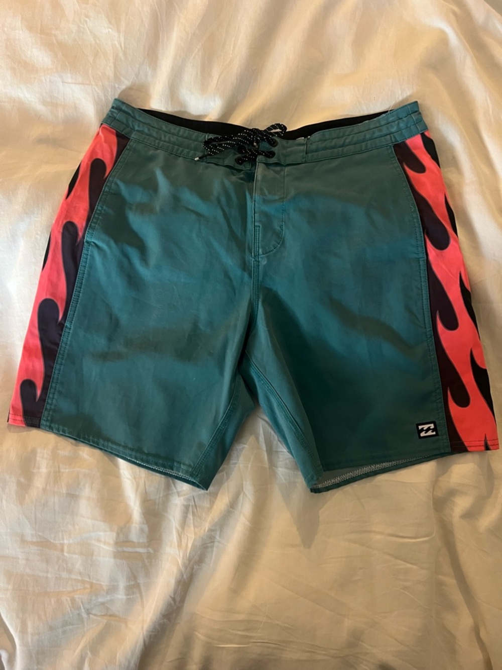 Billabong Teal Boardshorts with Coral Pink Flame Panels